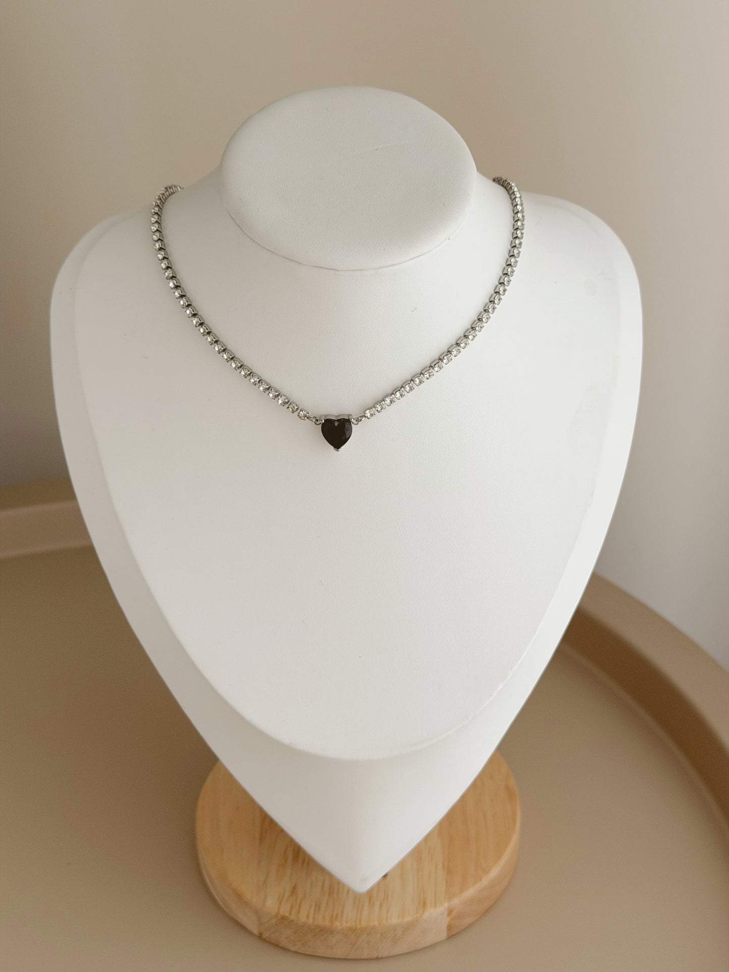 Black heart silver tennis necklace