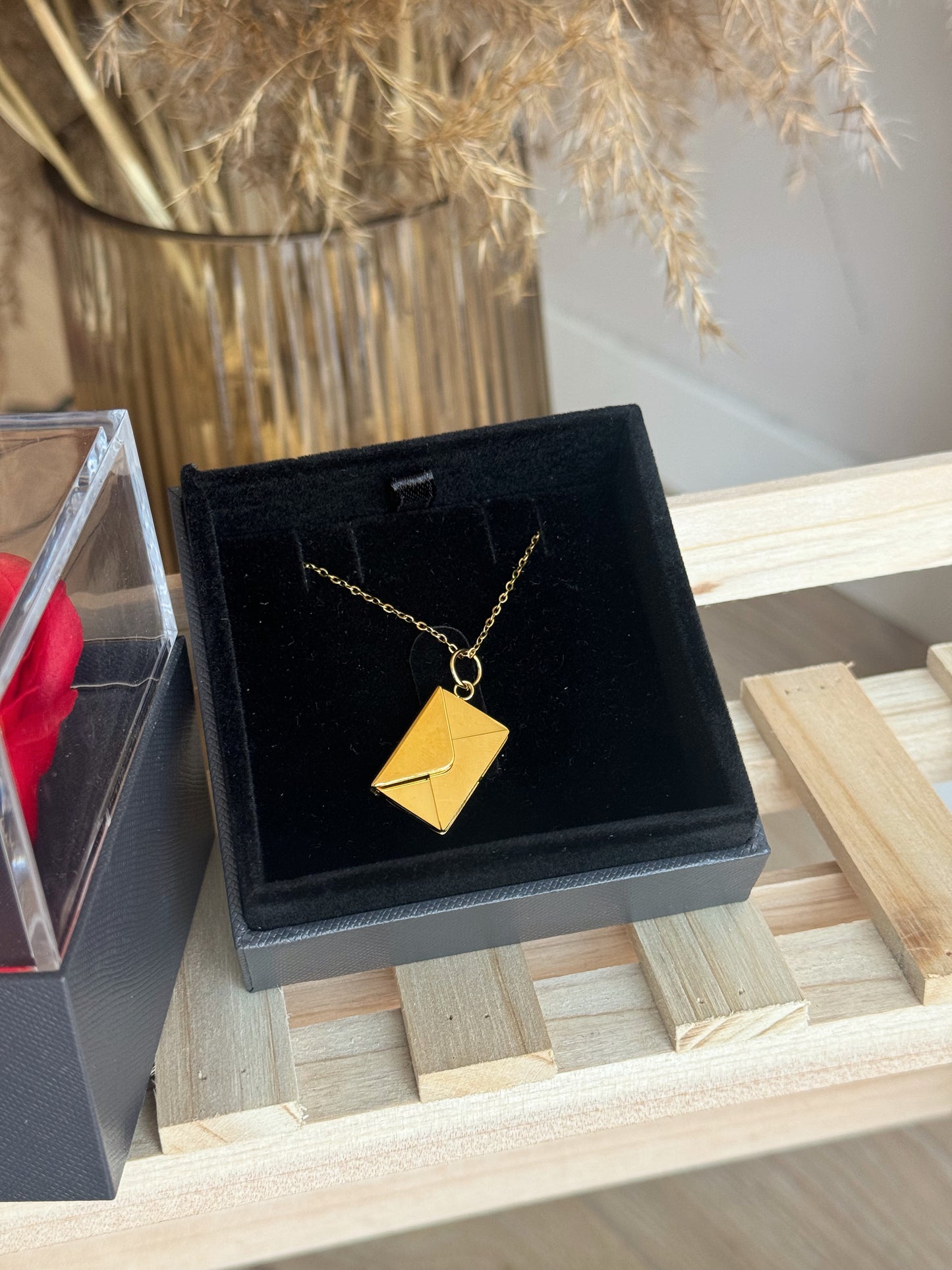 Love you envelope necklace and red rose set