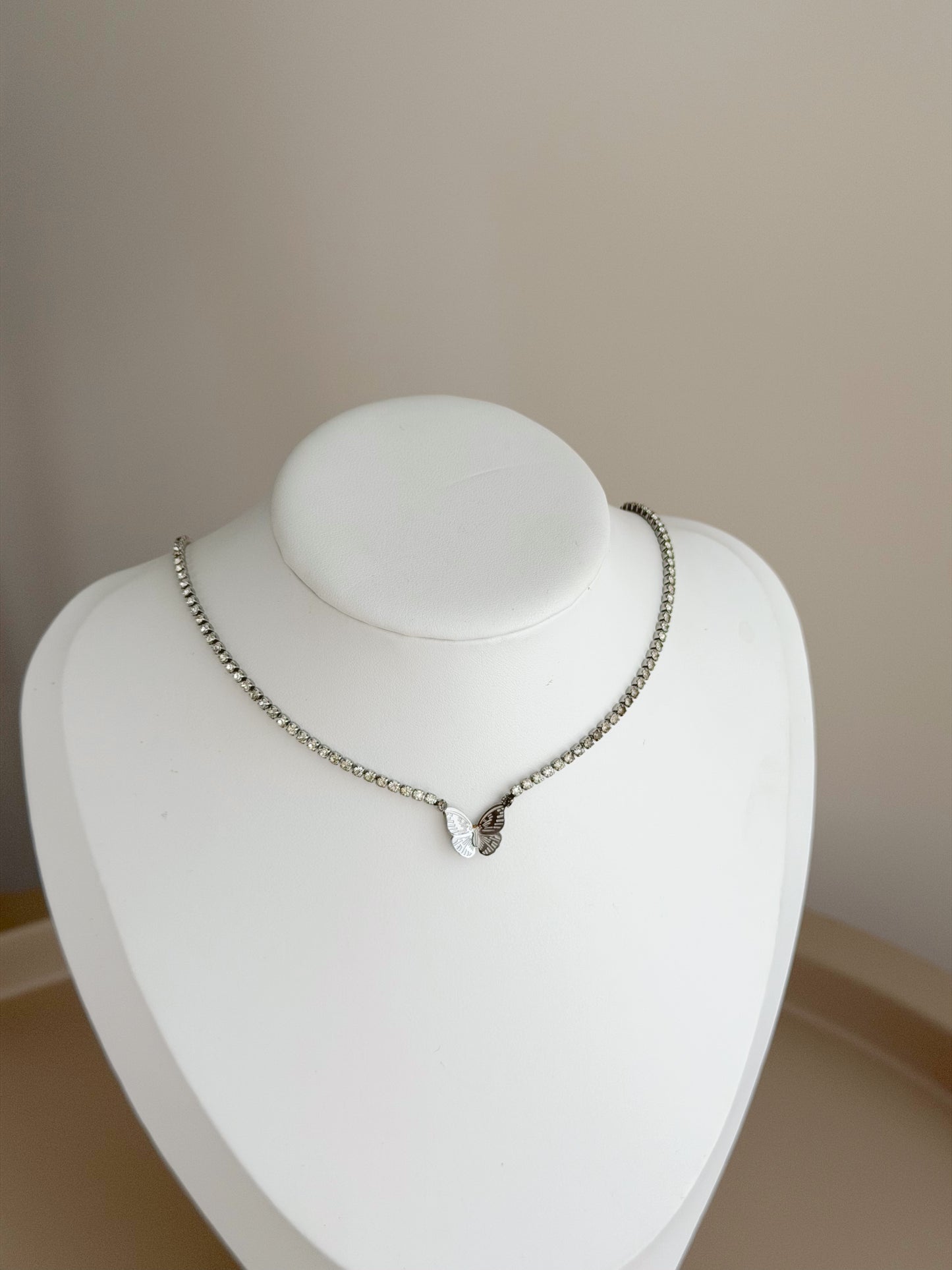 Mini silver butterfly tennis necklace