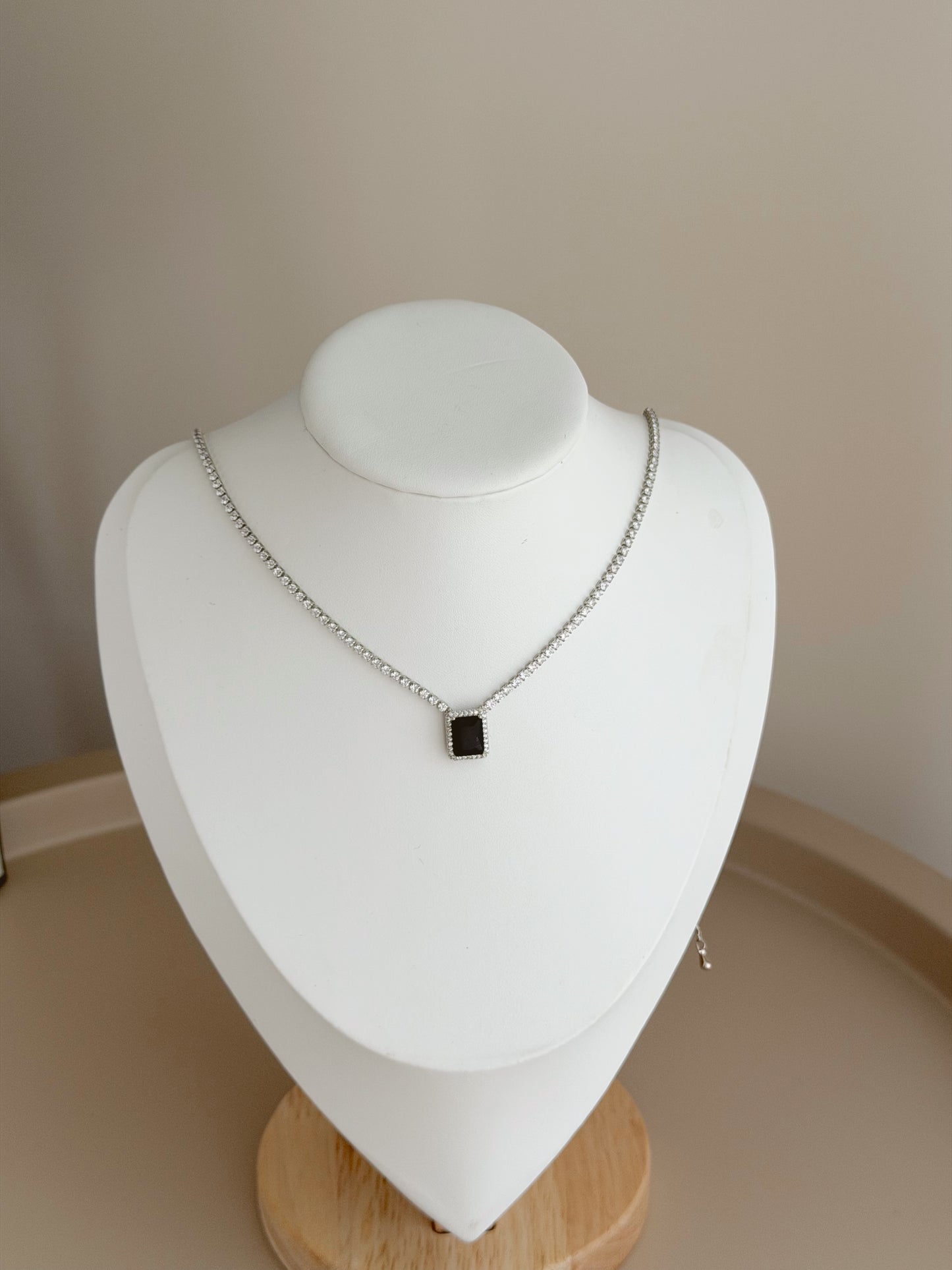 Black stone silver tennis necklace