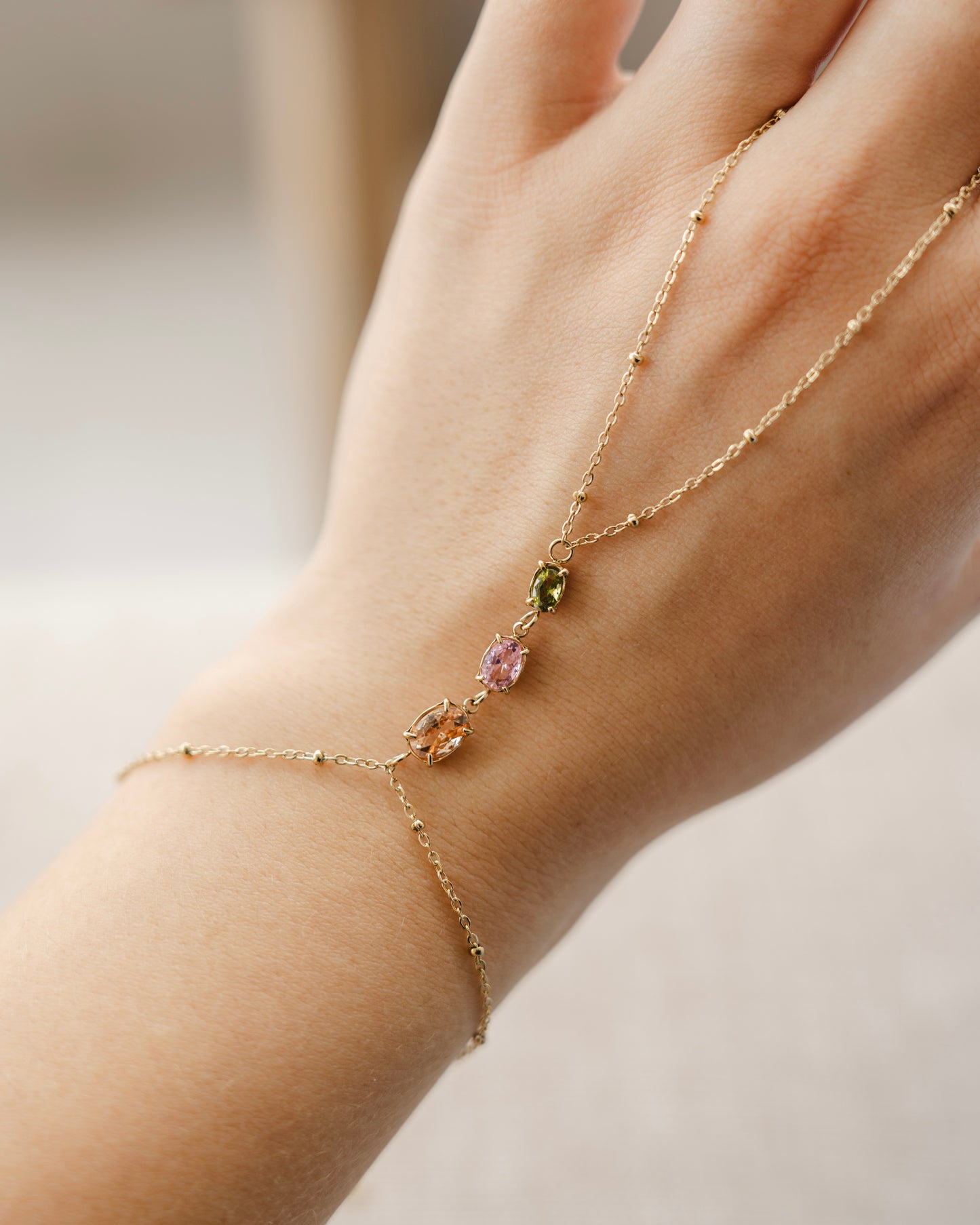 Colorful oval stone Hand chain gold