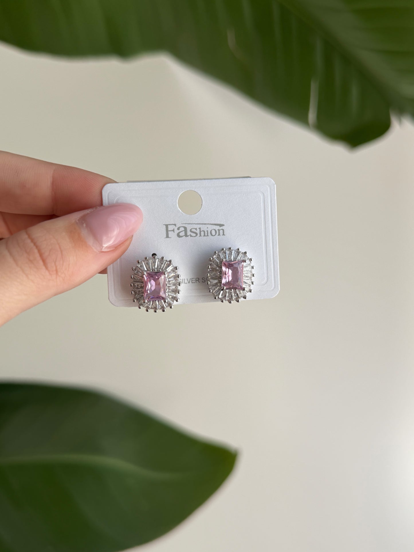 Silver and pink stone class earrings