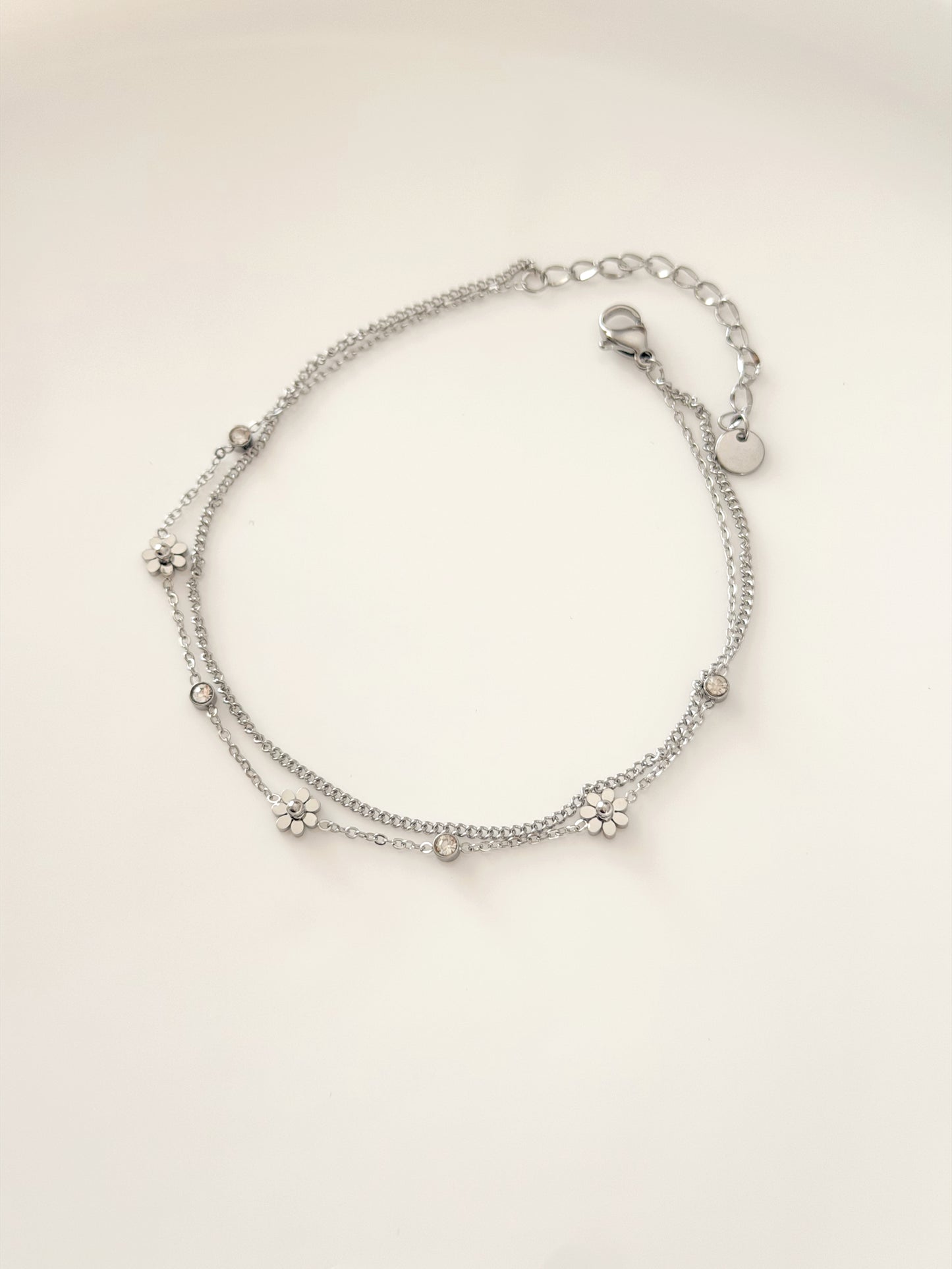 Double chain silver flower anklet