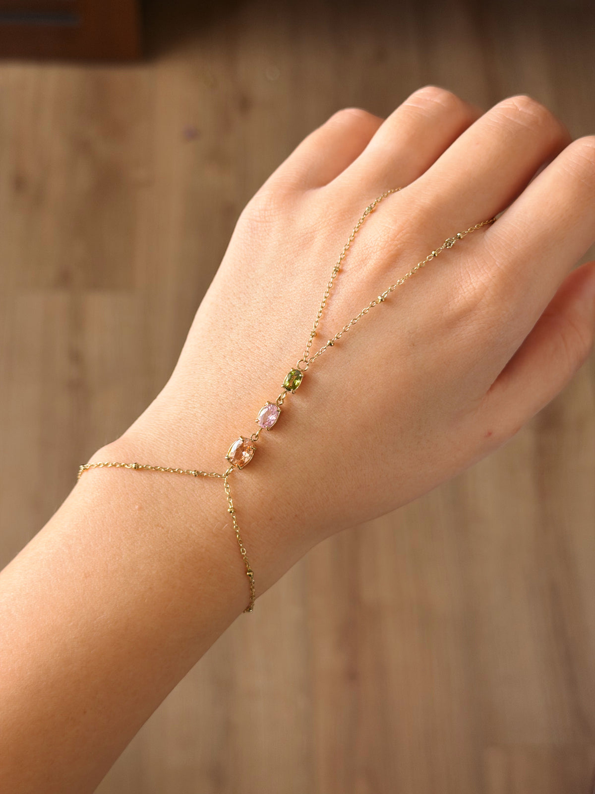 Colorful oval stone Hand chain gold