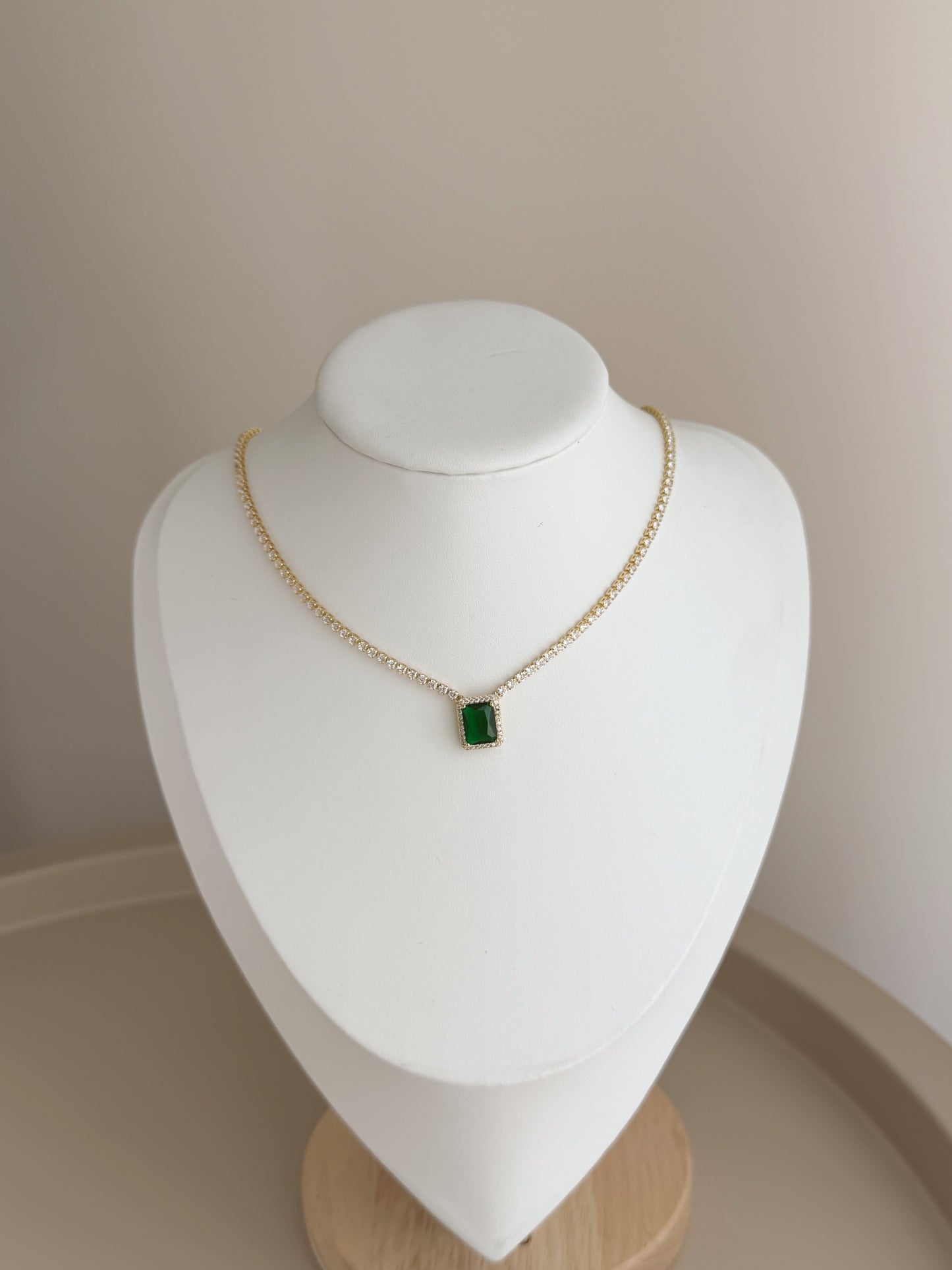 Green stone gold tennis necklace