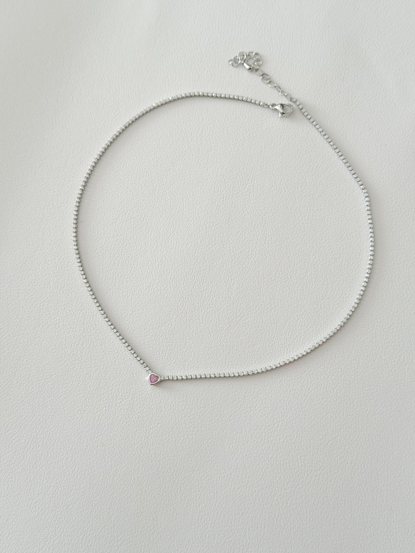 Dainty pink heart silver tennis necklace