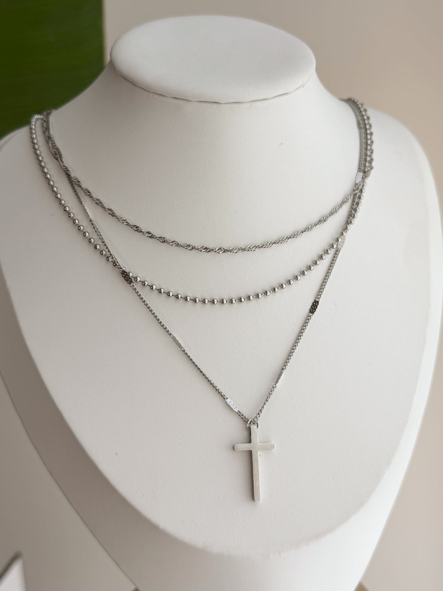 Triple silver cross necklace