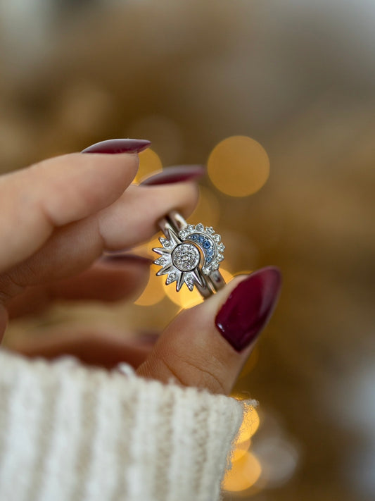 Moon and sun rings set silver