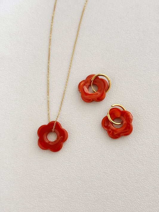 Colorful flower earrings and necklace (red)