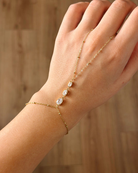 White oval stone Hand chain gold