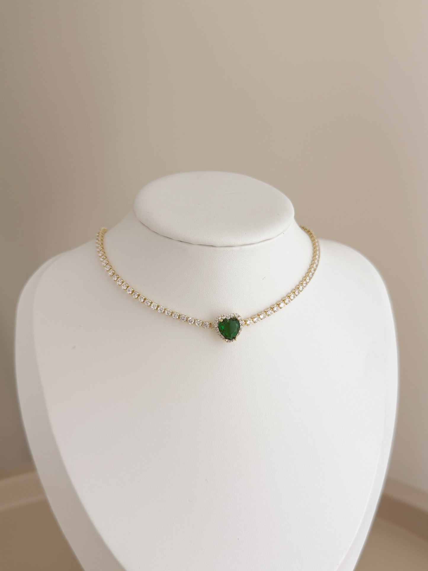 Gold green heart tennis necklace