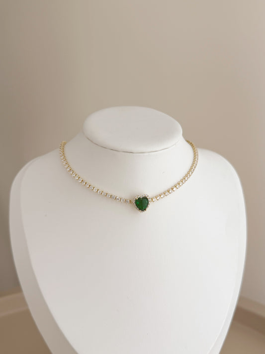 Gold green heart tennis necklace