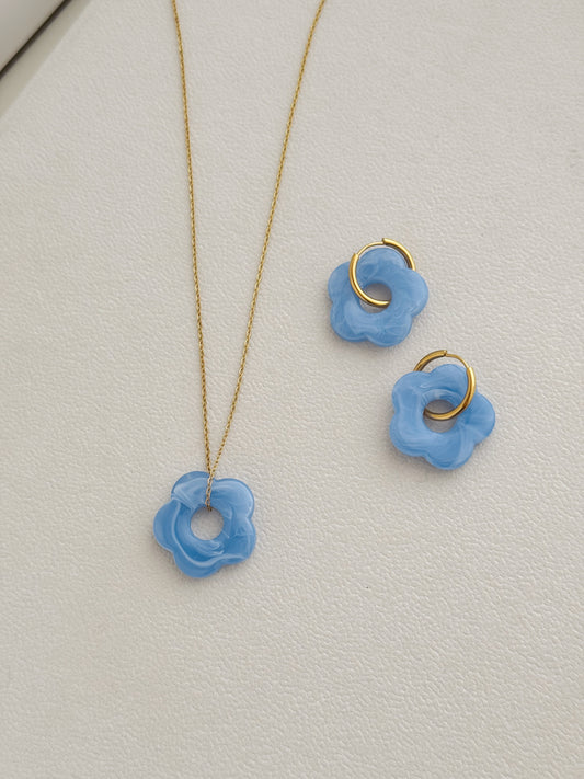 Colorful flower earrings and necklace (blue)