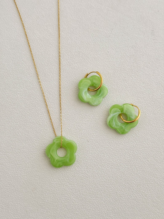 Colorful flower earrings and necklace (green)