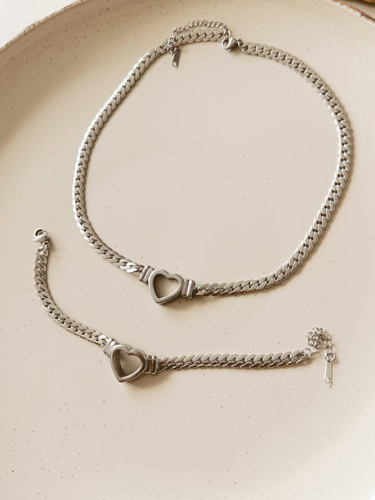 Heart Bold necklace & bracelet silver