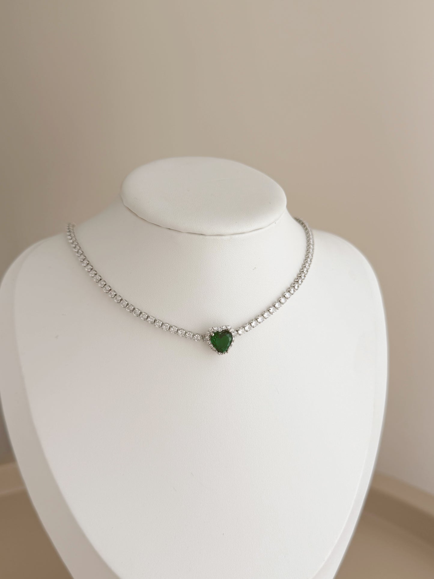 Silver green heart tennis necklace