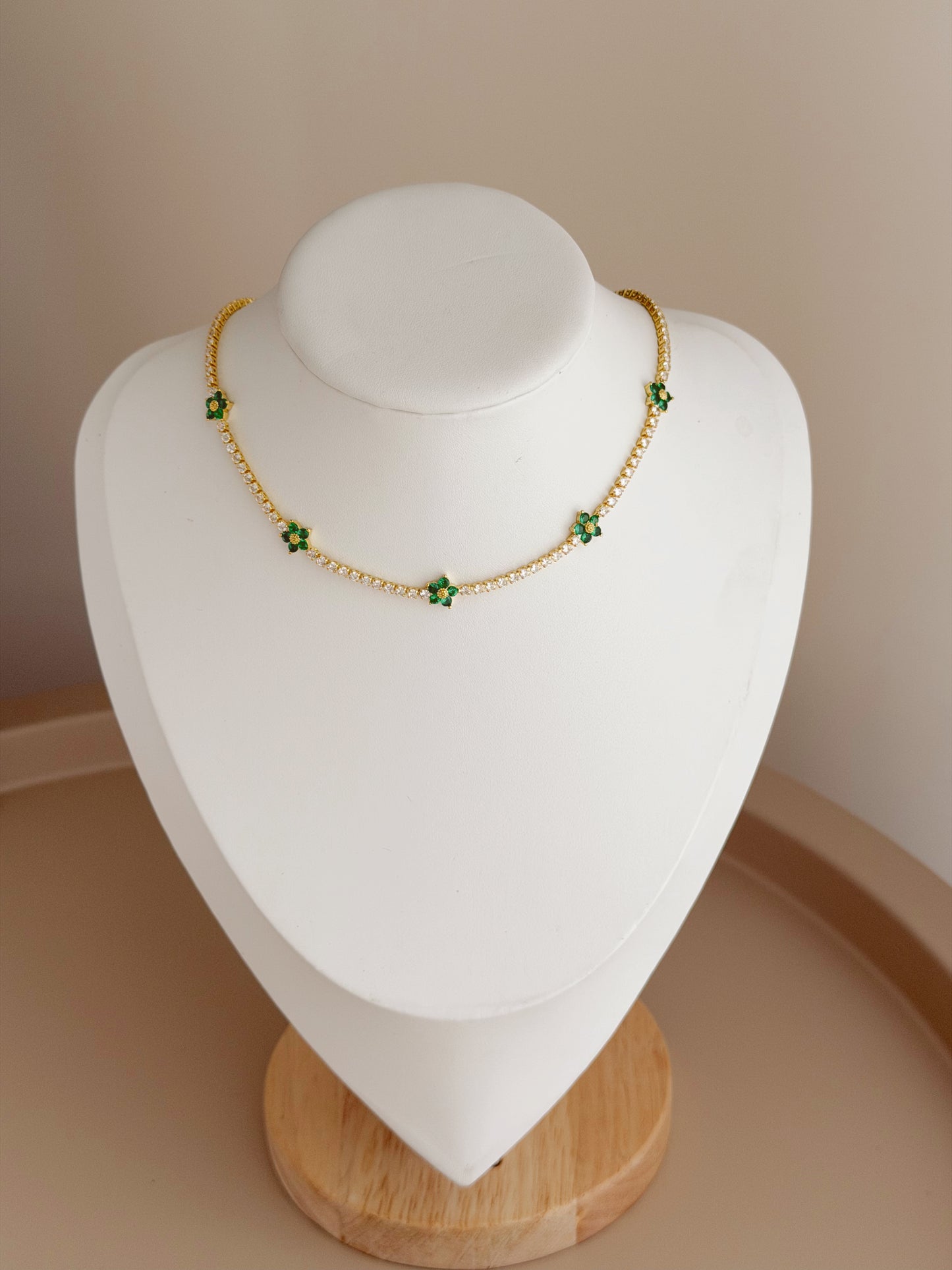 Gold and green flower choker tennis necklace