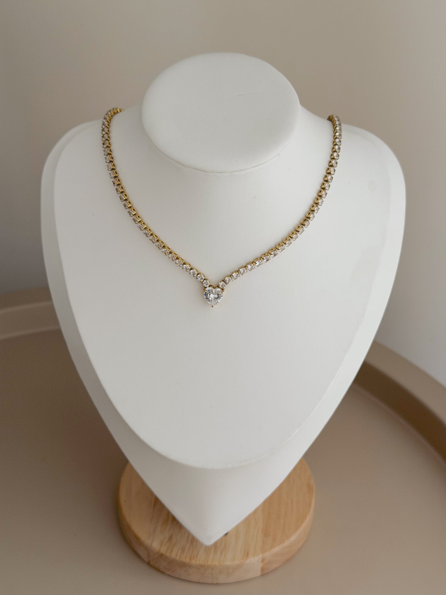 Gold white heart tennis necklace