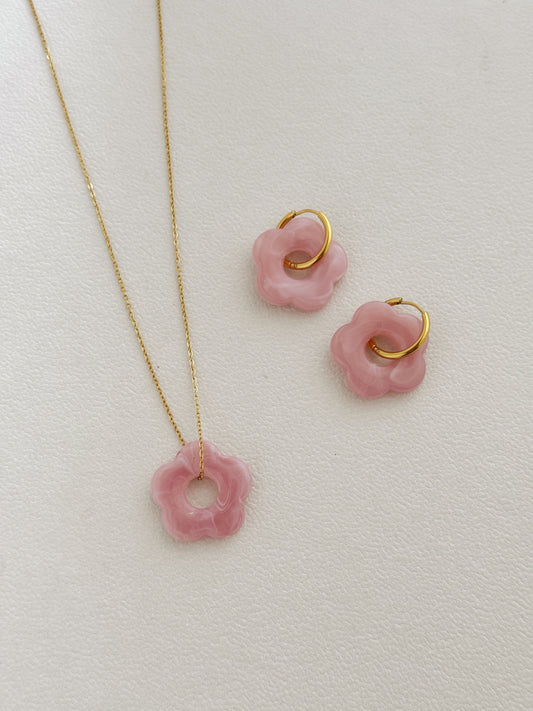 Colorful flower earrings and necklace (pink)