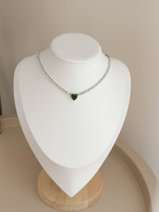 Green heart silver tennis necklace