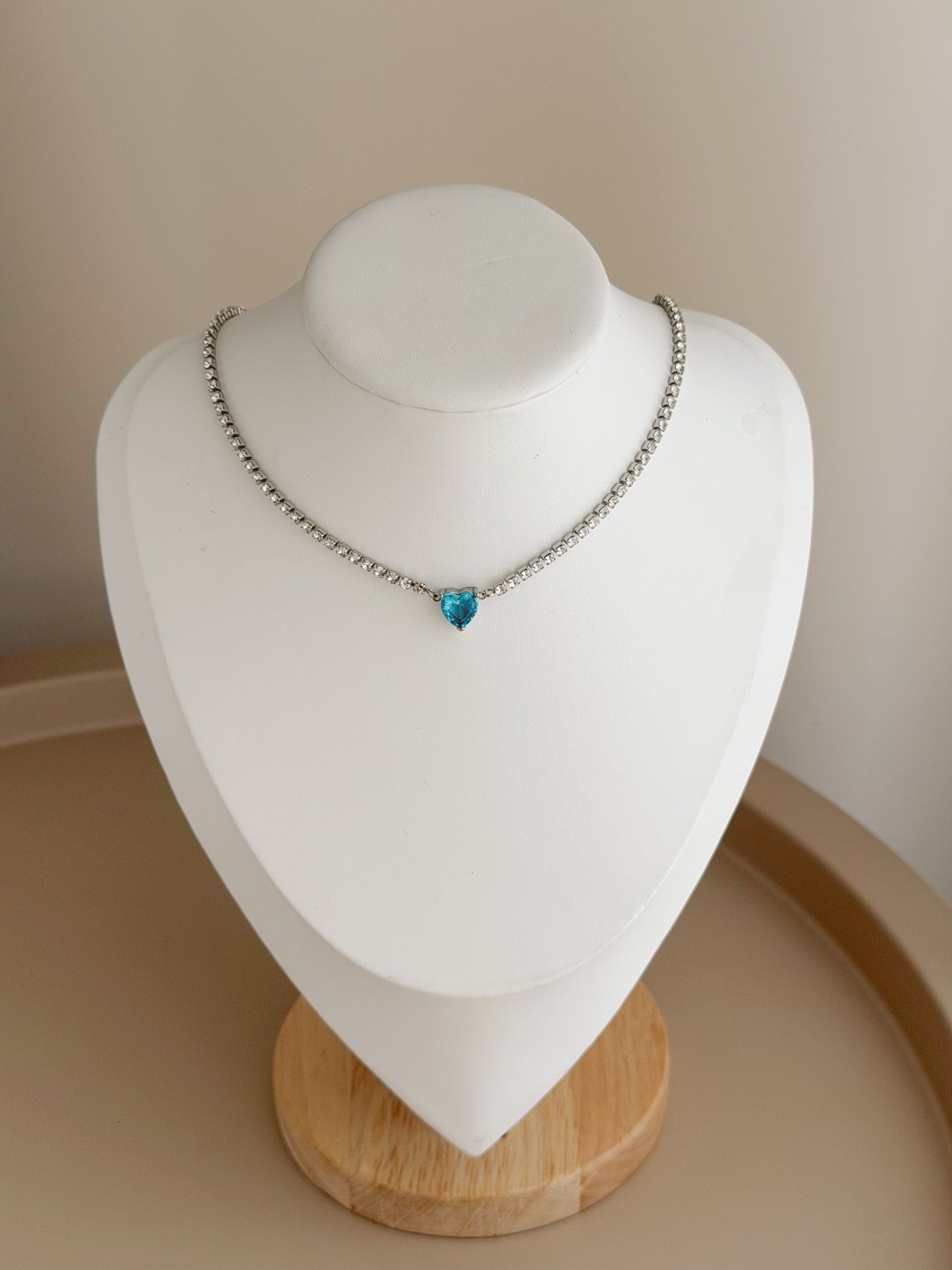 Sky blue heart silver tennis necklace