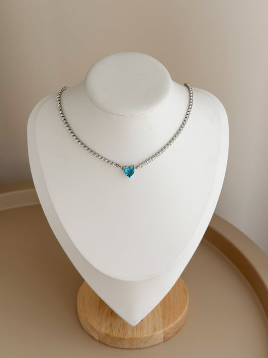 Sky blue heart silver tennis necklace