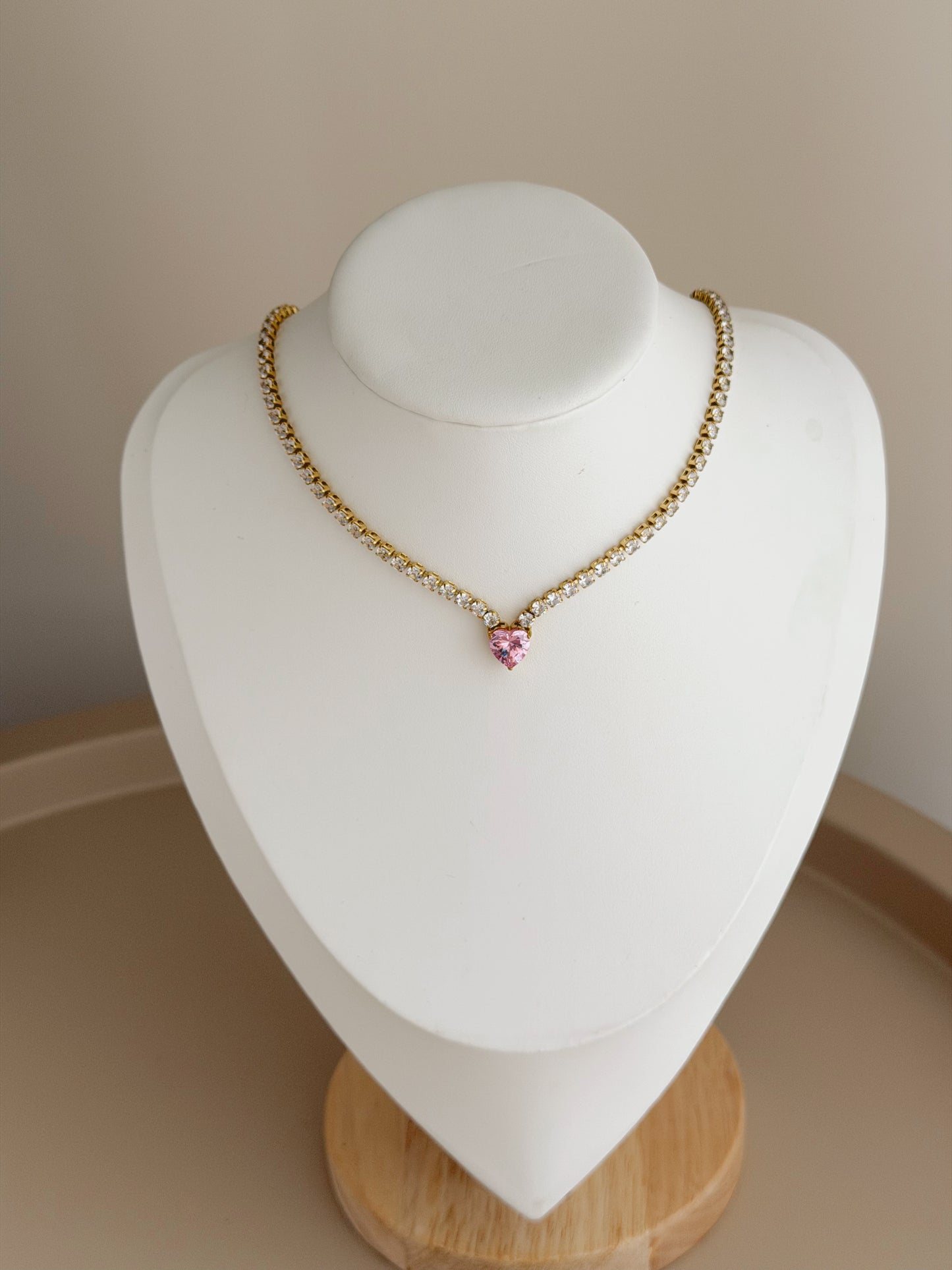 Gold pink heart tennis necklace