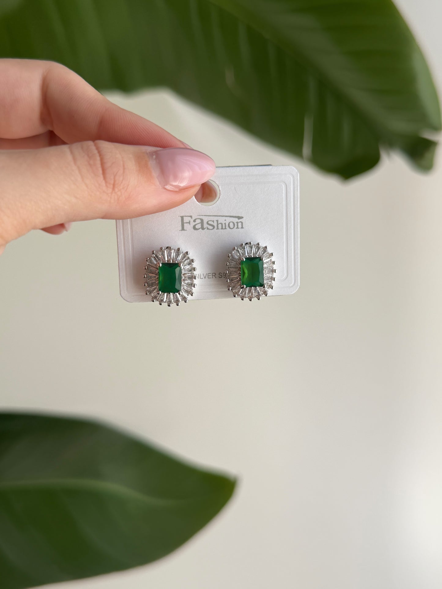 Silver and green stone class earrings
