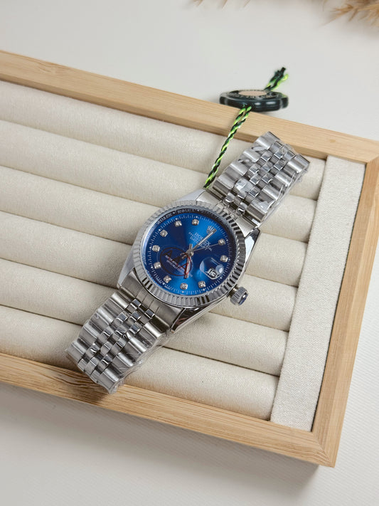 Silver and blue rolex unisex watch