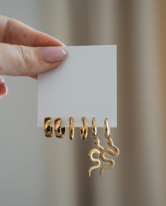 3 pair snake earrings set gold