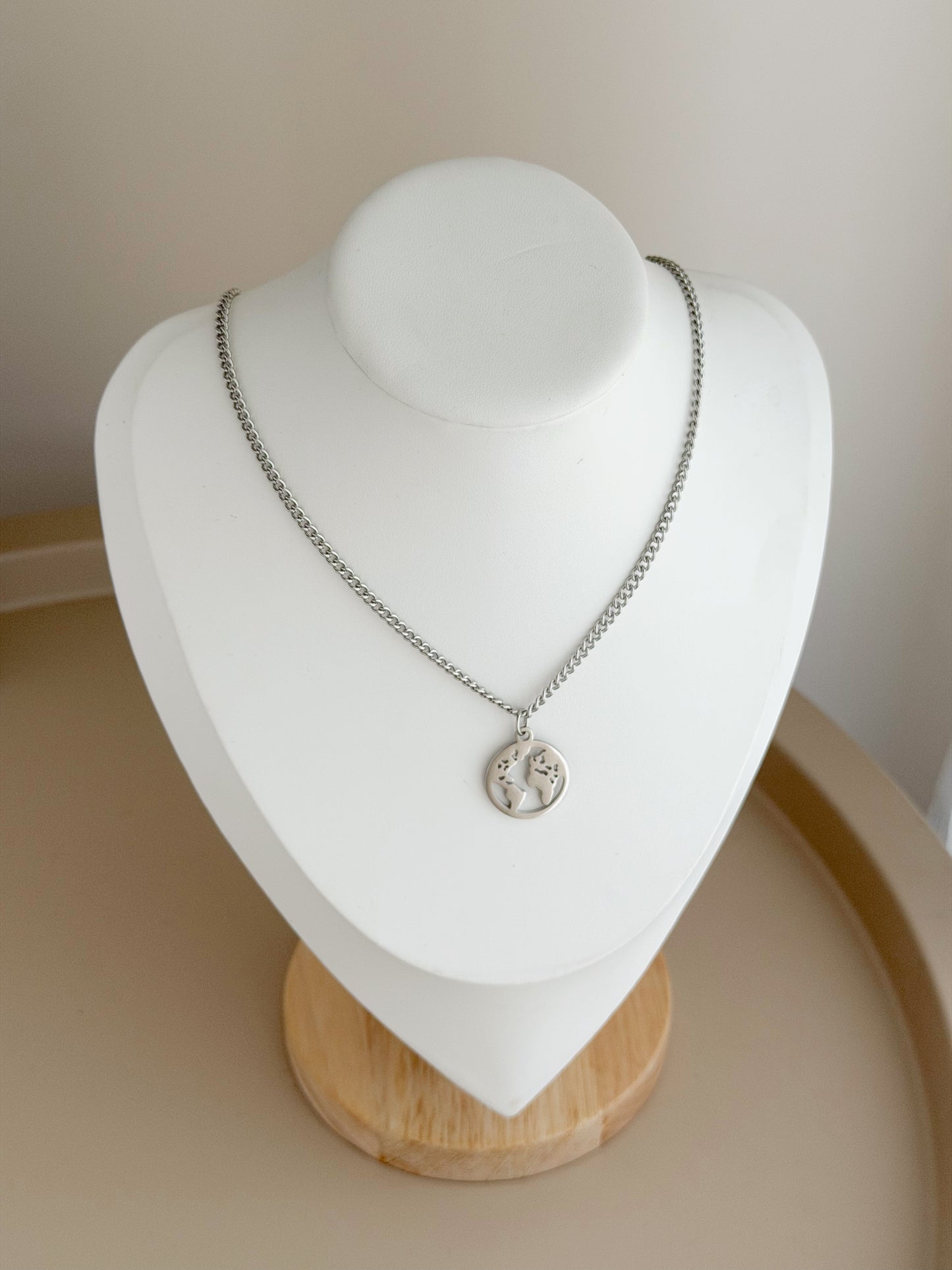 World globe silver necklace
