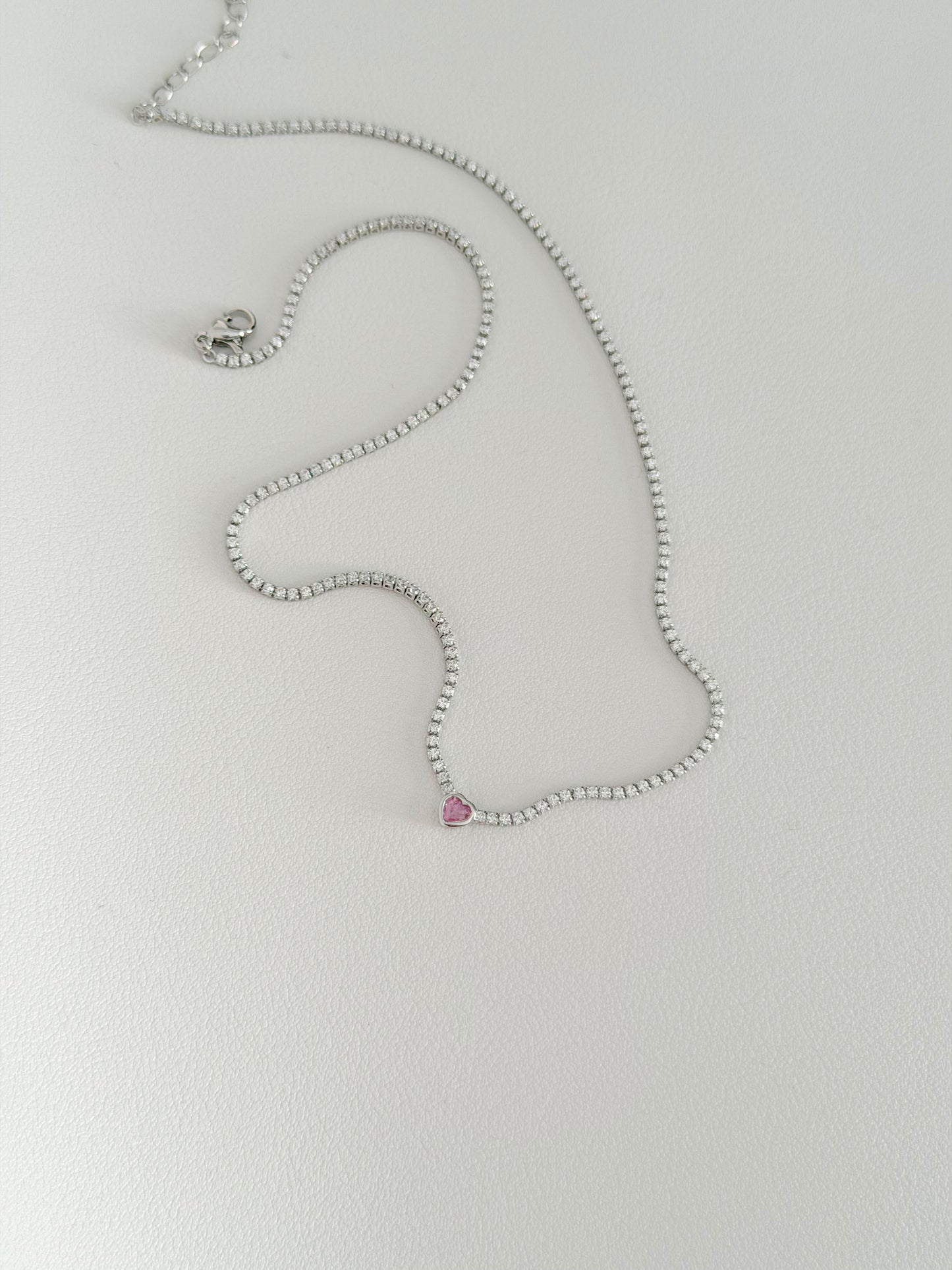 Dainty pink heart silver tennis necklace