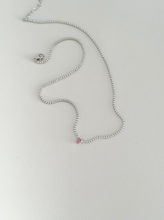 Dainty pink heart silver tennis necklace