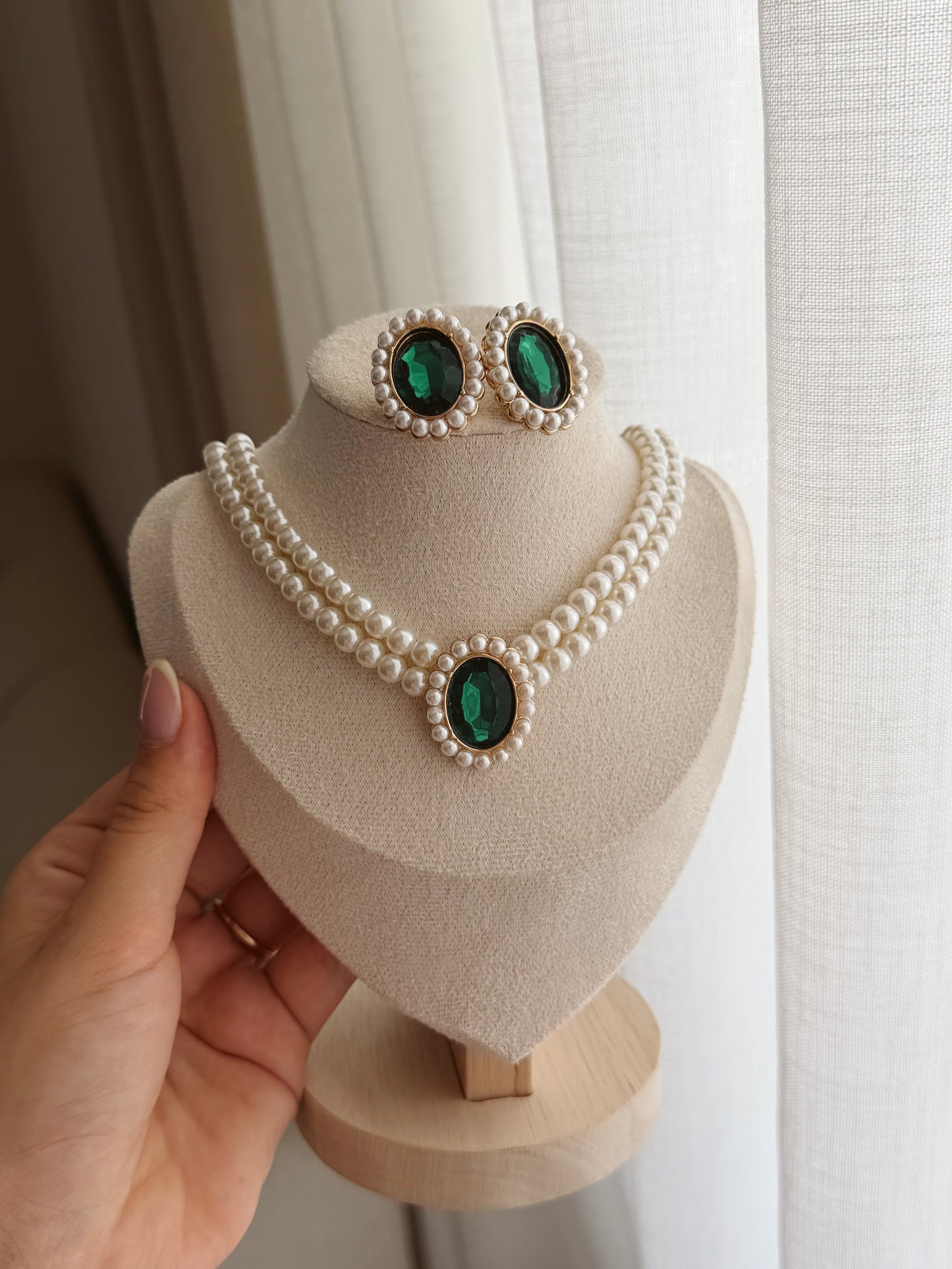 Green pearl necklace and earrings set